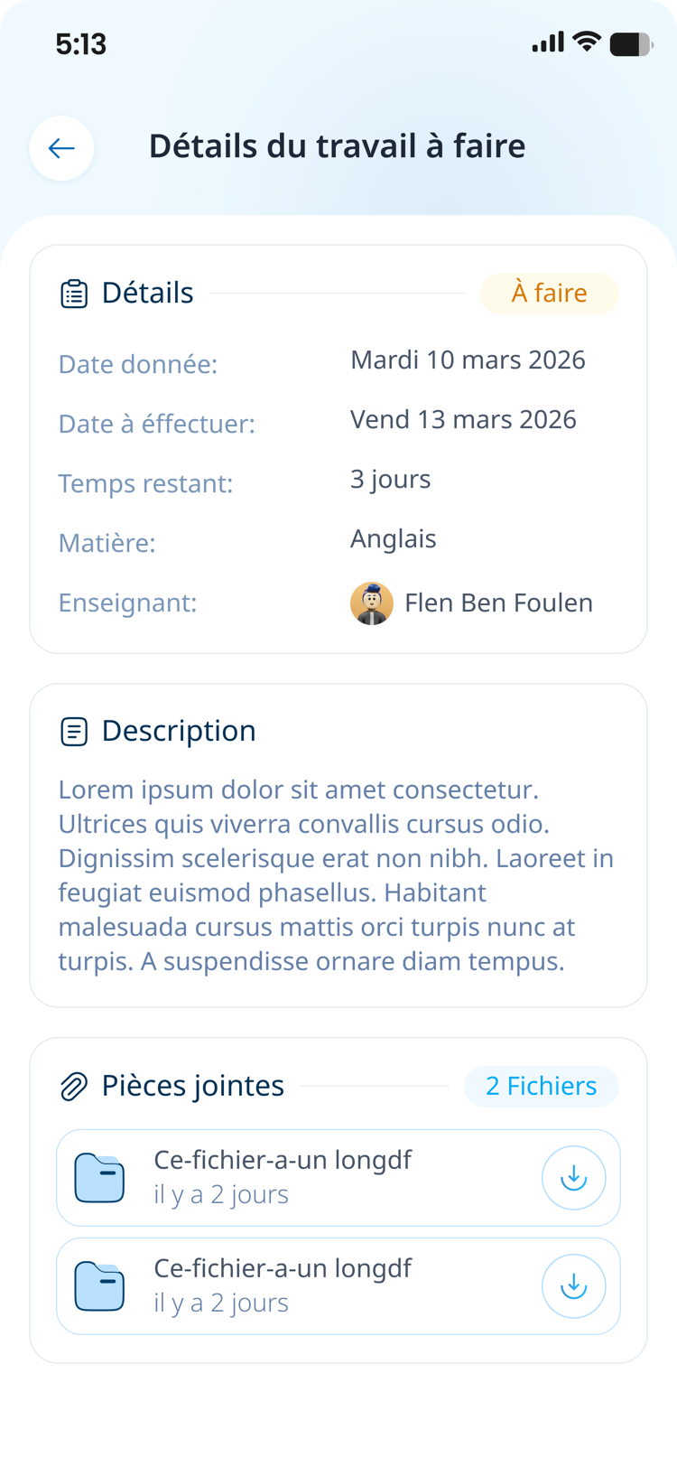 Chaque devoir avec sa date et ses fichiers